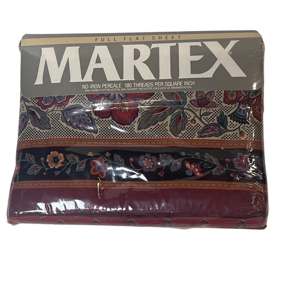 Martex Avignon Full Flat Sheet Vintage Floral No-Iron Percale‎ 180 TC Burgundy